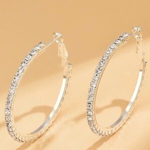 18k White Gold CZ Pave Stone Large Hoops Hoop Earrings Approximately 2”